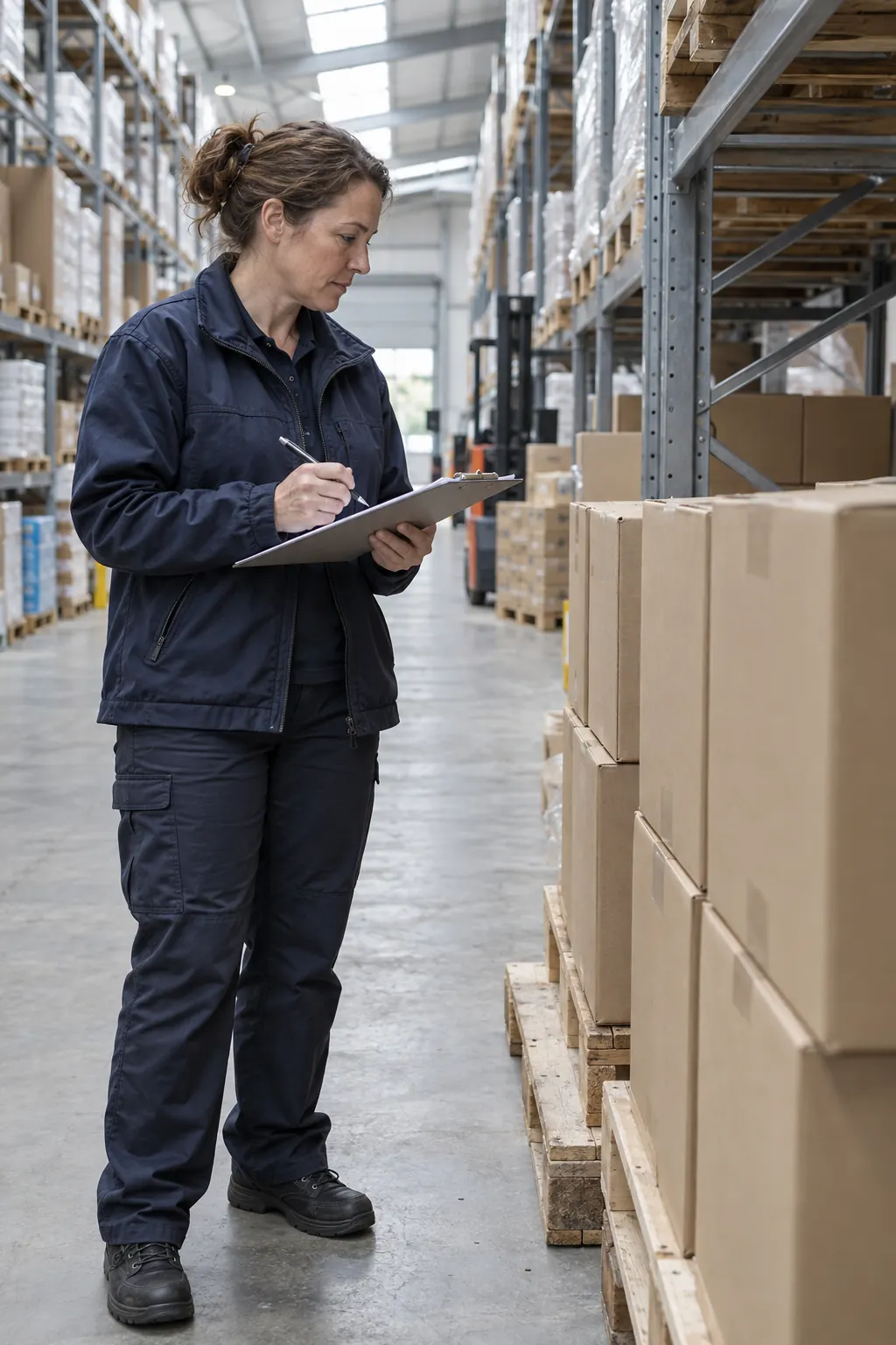 A warehouse manager checking a pallet of boxes against a clipboard.