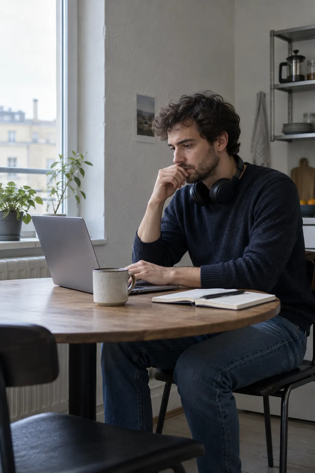A developer at a kitchen table with a laptop and a mug, thinking.