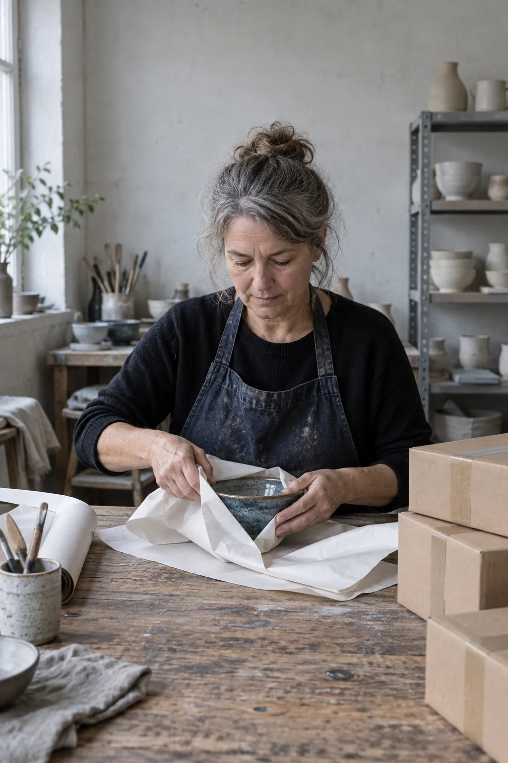 A ceramicist wrapping a bowl in paper at her workbench, parcels stacked beside her.